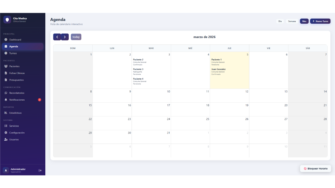 Vista de agenda en Cita Médica con calendario interactivo