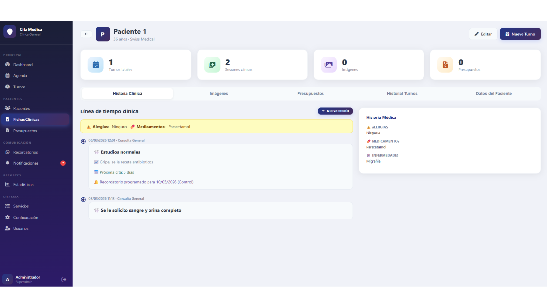 Vista de ficha clínica digital en Cita Médica