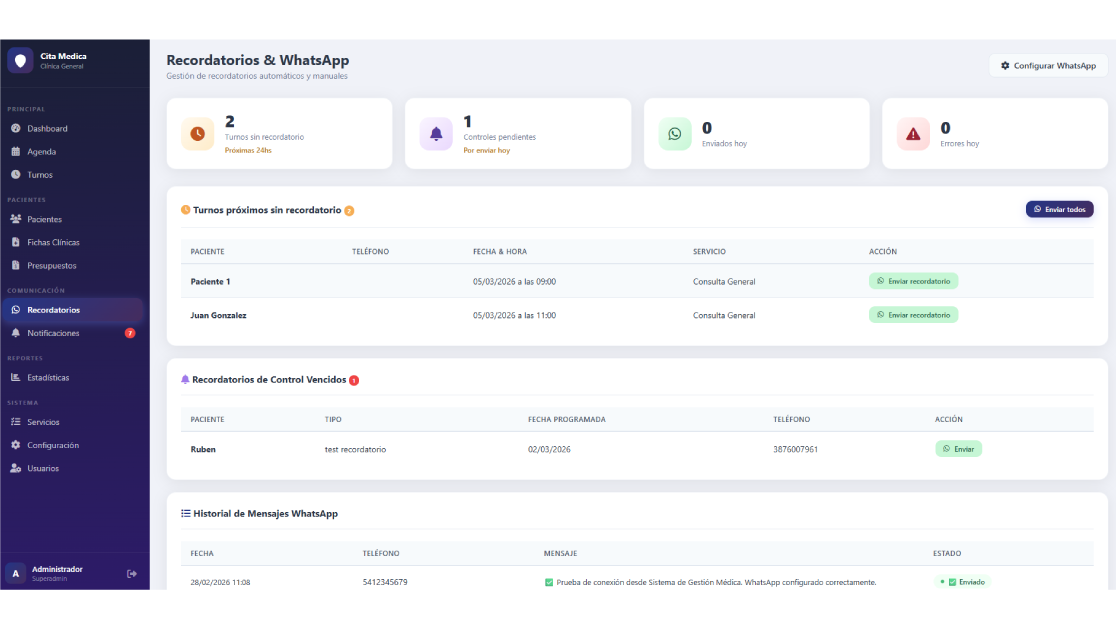 Vista de recordatorios en Cita Médica
