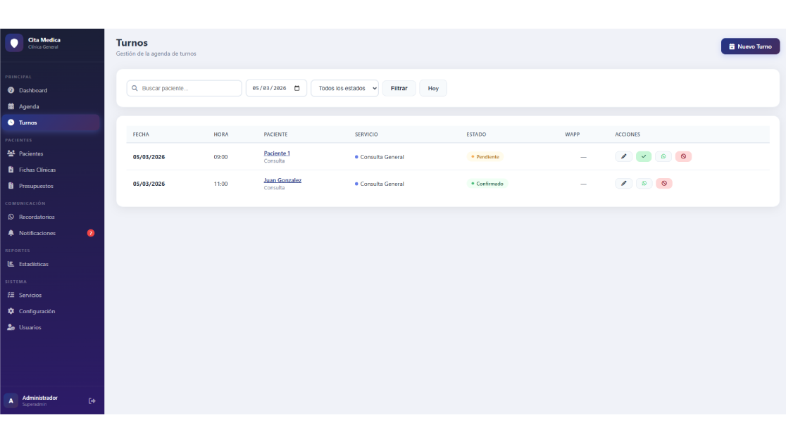Vista de turnos en Cita Médica
